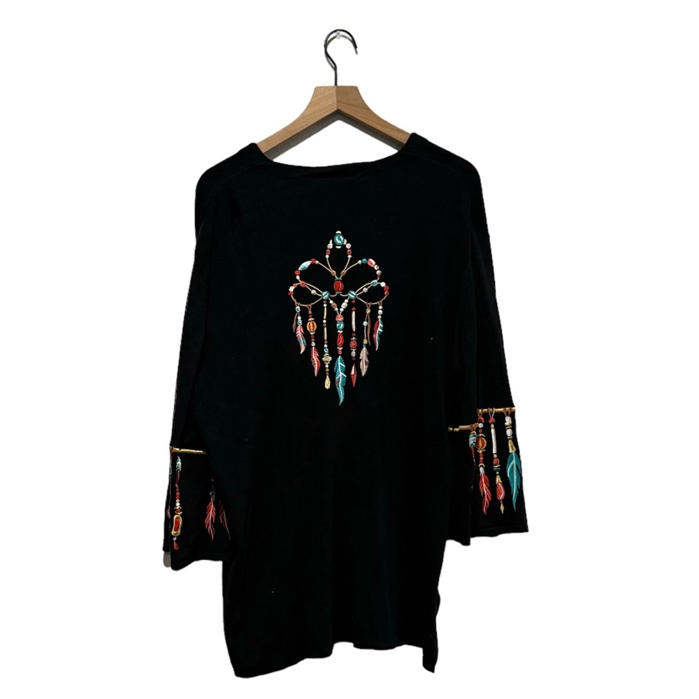 Bob Mackie Wearable Art Embroidered Sweater Cardigan Native American Feather